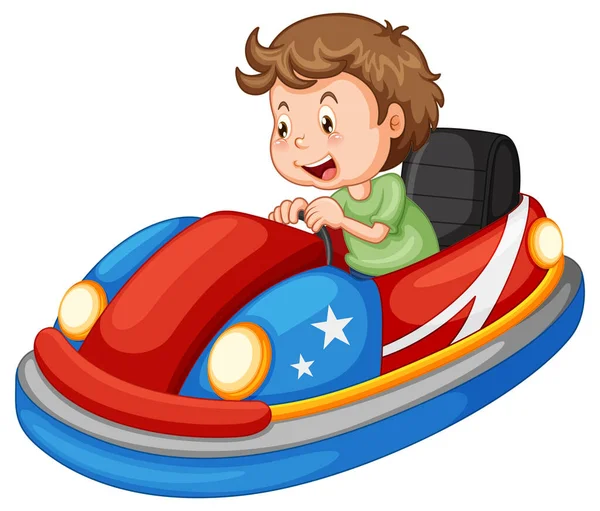 Kleine Jongen Rijden Bumper Auto Cartoon Ontwerp Illustratie — Stockvector