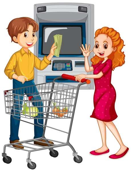 一个男人从自动取款机里取钱 他的妻子用图例说明 — 图库矢量图片