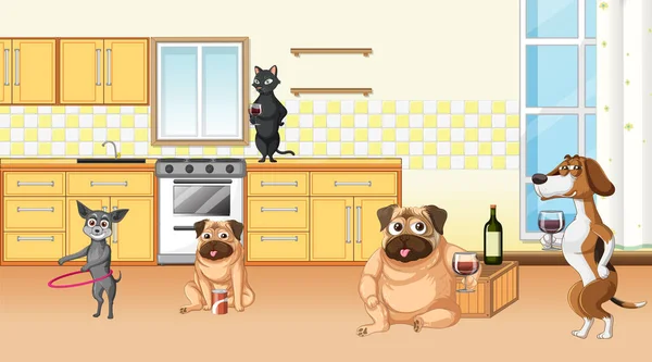 Домашней Сцене Собаками Пьющими Вино Иллюстрация — стоковый вектор