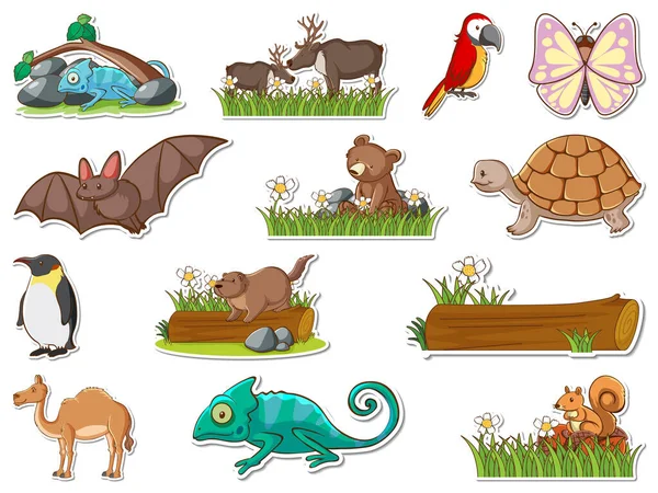 Sticker Set Cartoon Wild Animals Illustration — ストックベクタ
