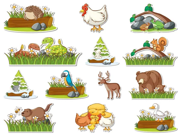 Sticker Set Wild Animals Cartoon Illustration — ストックベクタ