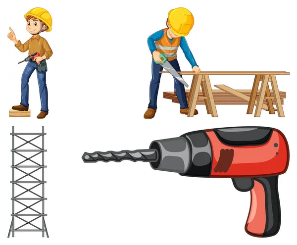 Trabalhador Construção Conjunto Com Homem Trabalhando Ilustração — Vetor de Stock