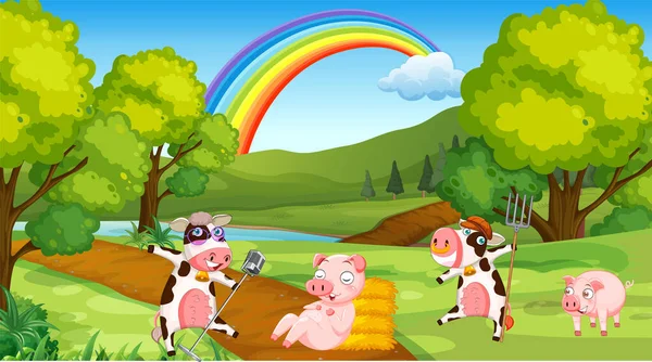 在田野里放着快乐奶牛的场景 — 图库矢量图片