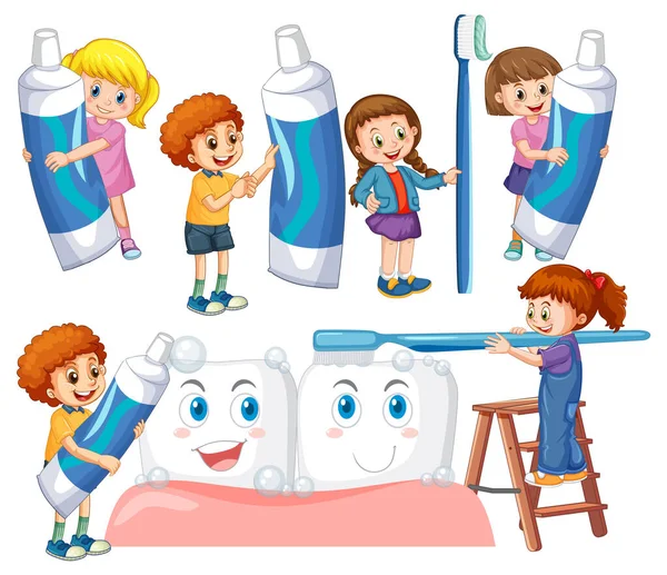 Conjunto Crianças Felizes Segurando Equipamento Limpeza Dental Fundo Branco Ilustração —  Vetores de Stock