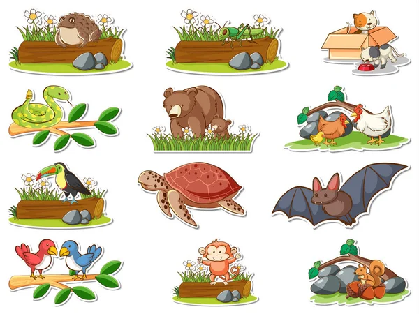 Sticker Set Wild Animals Cartoon Illustration — Stok Vektör