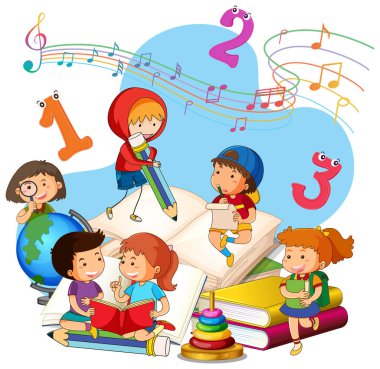 Bir çocuk bir yığın kitap illüstrasyonunda kitap okuyor.