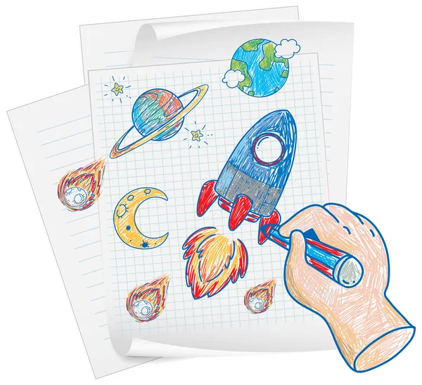 Coloured Hand Drawn Spaceship Collection Illustration — Stockvektor