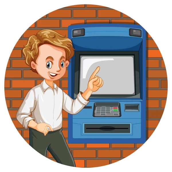 Hombre Sosteniendo Dinero Efectivo Delante Ilustración Del Cajero Automático — Archivo Imágenes Vectoriales
