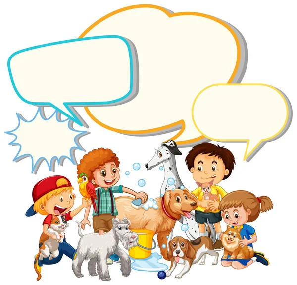 Πρότυπο Φούσκα Ομιλία Παιδιά Και Κατοικίδια Ζώα Εικονογράφηση — Διανυσματικό Αρχείο
