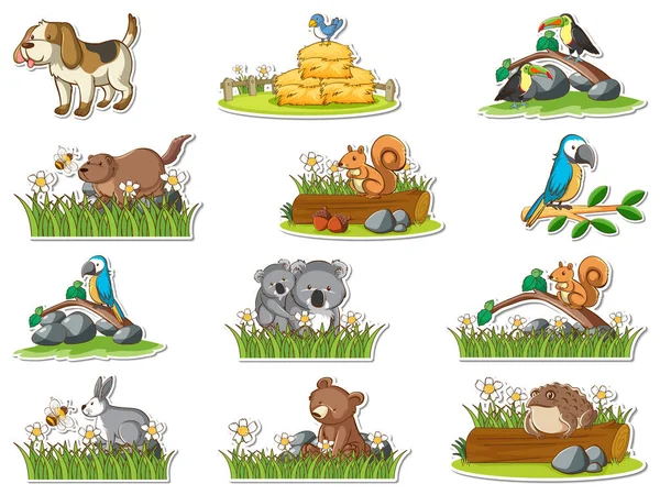 Sticker Set Wild Animals Cartoon Illustration — ストックベクタ