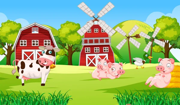 Tarla illüstrasyonunda birçok hayvanın olduğu bir çiftlik sahnesi