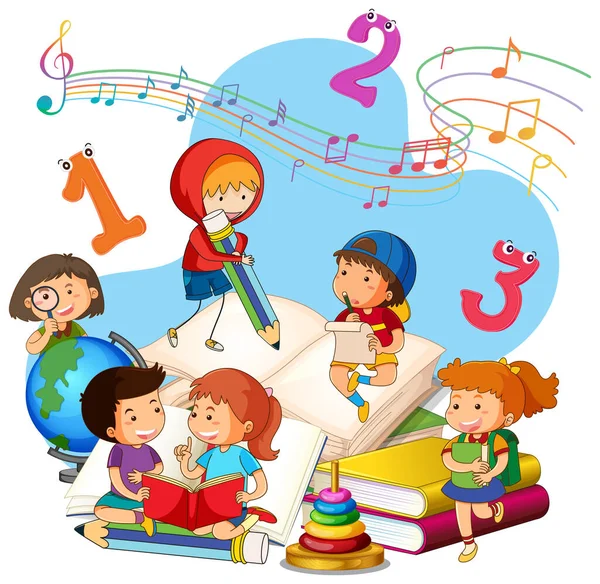 Bir çocuk bir yığın kitap illüstrasyonunda kitap okuyor.