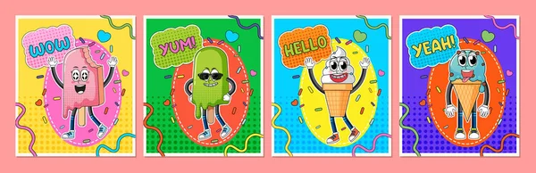 Set Hello Ice Cream Comic Cartoon Word Expression Illustration — Archivo Imágenes Vectoriales