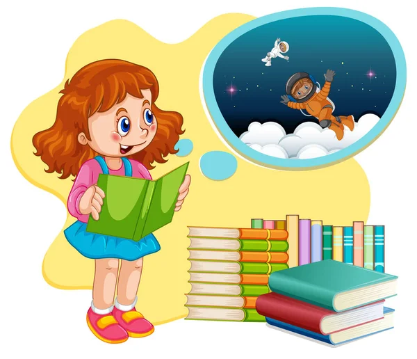 Ein Mädchen Liest Mit Einer Illustration — Stockvektor