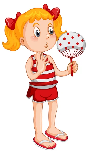 Cute Girl Red Outfit Holding Hand Fan Illustration — 스톡 벡터