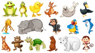 Beyaz arka plan illüstrasyon üzerinde farklı vahşi hayvanlar