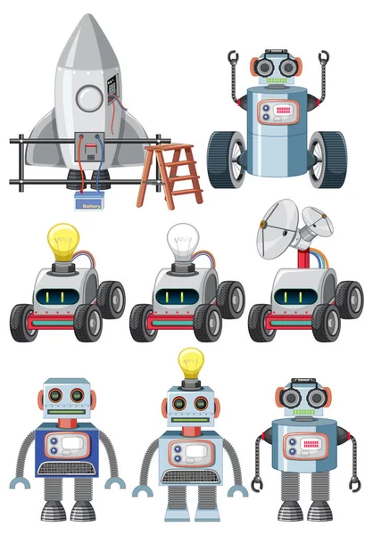 Conjunto Diferentes Robots Vintage Ilustración — Archivo Imágenes Vectoriales