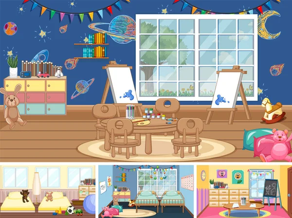 Set Different Kindergarten Classroom Scenes Illustration — Vetor de Stock