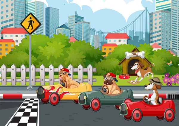 Group Different Pet Driving Car Park Street Illustration — Vector de stock