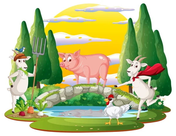Happy Animals Farm Cartoon Illustration — 图库矢量图片