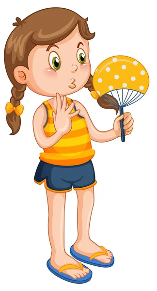 Cute Girl Yellow Outfits Holding Hand Fan Illustration — Stockvector