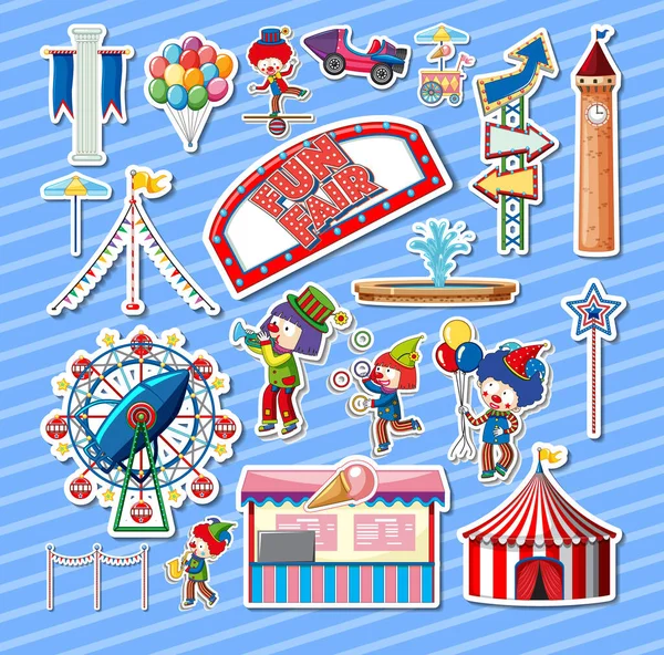 Sticker Set Van Pretpark Objecten Stripfiguren Illustratie — Stockvector