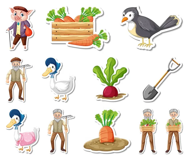 Sticker Set Farm Objects Farmer Cartoon Characters Illustration — Stockový vektor