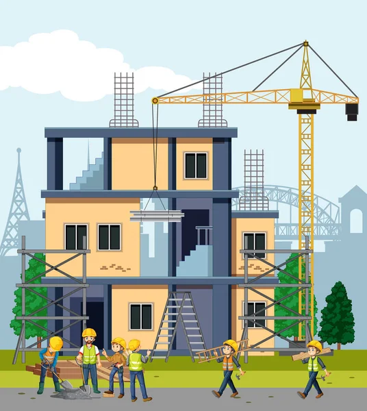 Construcción Obra Con Ilustración Los Trabajadores — Vector de stock