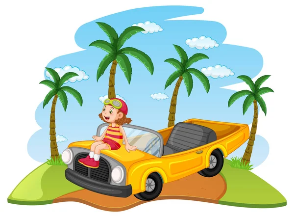 Road Trip Concept Kids Driving Classic Convertible Car Illustration — Stockvektor