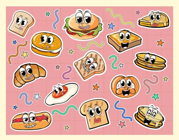 Set Funny Bread Cartoon Characters Illustration — Stockvector
