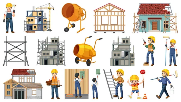 Set Construction Site Objects Workers Illustration — Stock Vector