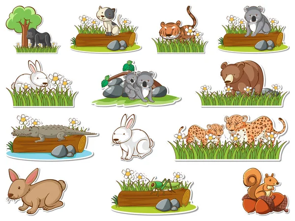 Sticker Set Cartoon Wild Animals Illustration — Vettoriale Stock