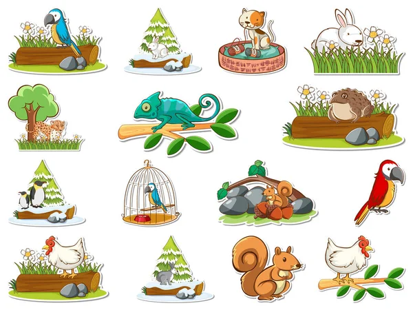 Sticker Set Cartoon Wild Animals Illustration — Image vectorielle