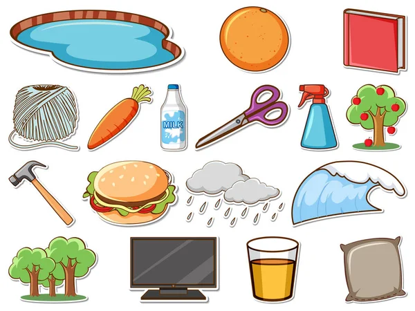 Sticker Set Mixed Daily Objects Illustration — Vector de stock