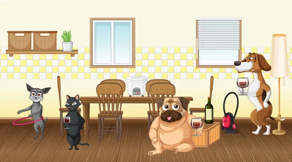 House Scene Dogs Drinking Wine Illustration — Stock Vector