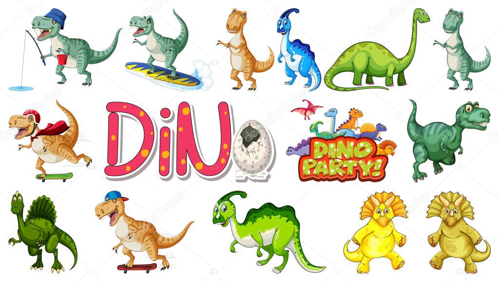 Many dinosaurs on white background illustration