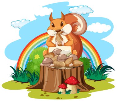 Kütük çiziminde sincap fındık yiyor.