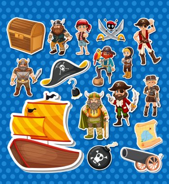 Sticker pack of pirate cartoon characters and objects illustration