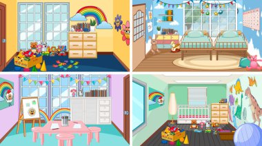 Set of different kindergarten classroom scenes illustration