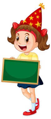 Parti şapkalı kız elinde boş tahta çizimi tutuyor.
