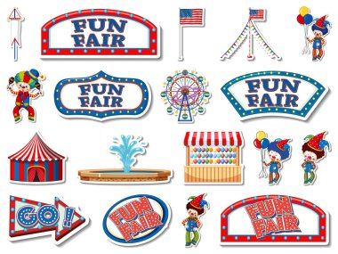 Eğlence parkı çıkartması ve eğlenceli nesneler çizimi