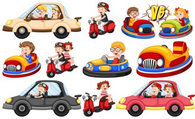 Go-Kart çizimine binen bir grup çocuk.