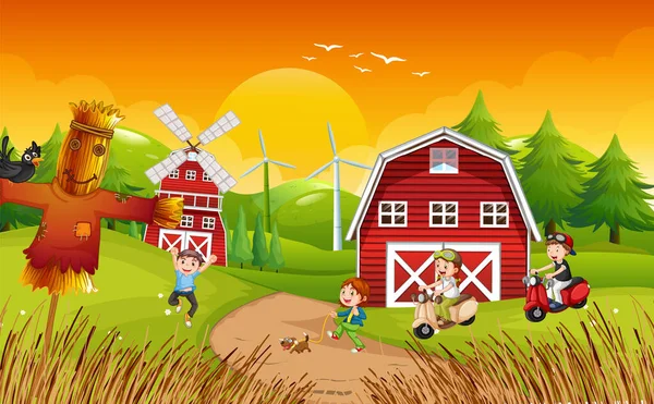 Happy Kids Farm Landscape Illustration — Stok Vektör