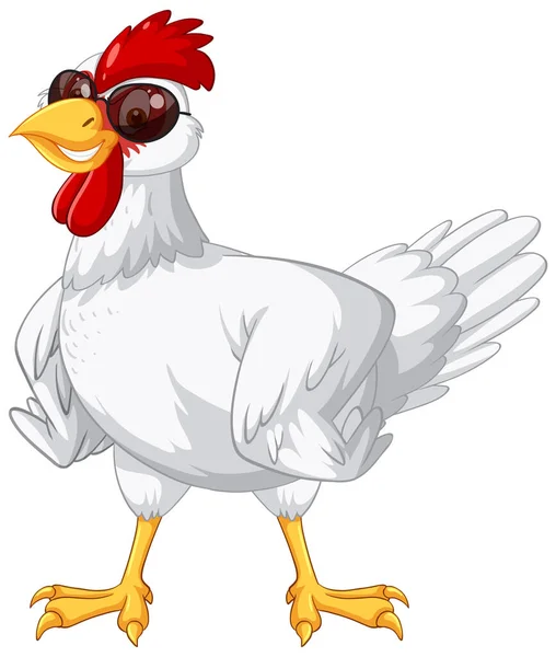 White Chicken Wearing Sunglasses Cartoon Character Illustration — Stok Vektör