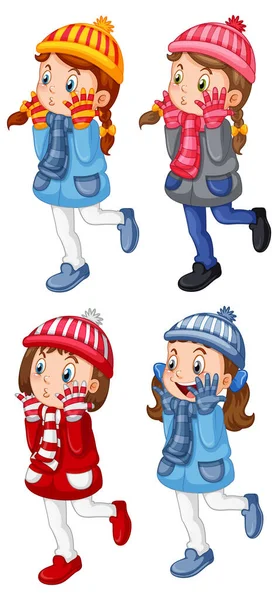 Set Girls Wearing Winter Outfits Illustration — ストックベクタ
