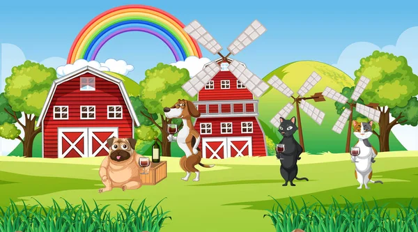 Outdoor Farm Scene Cartoon Dogs Illustration — стоковый вектор
