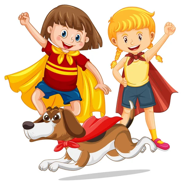 Duas Crianças Herói Herói Beagle Cão Desenho Animado Ilustração —  Vetores de Stock