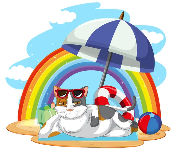 Gato Relajarse Playa Ilustración — Vector de stock