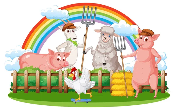 Happy Animals Farm Cartoon Illustration — Stok Vektör