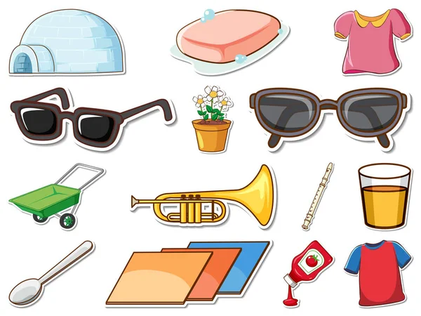Sticker Set Mixed Daily Objects Illustration — Stock Vector
